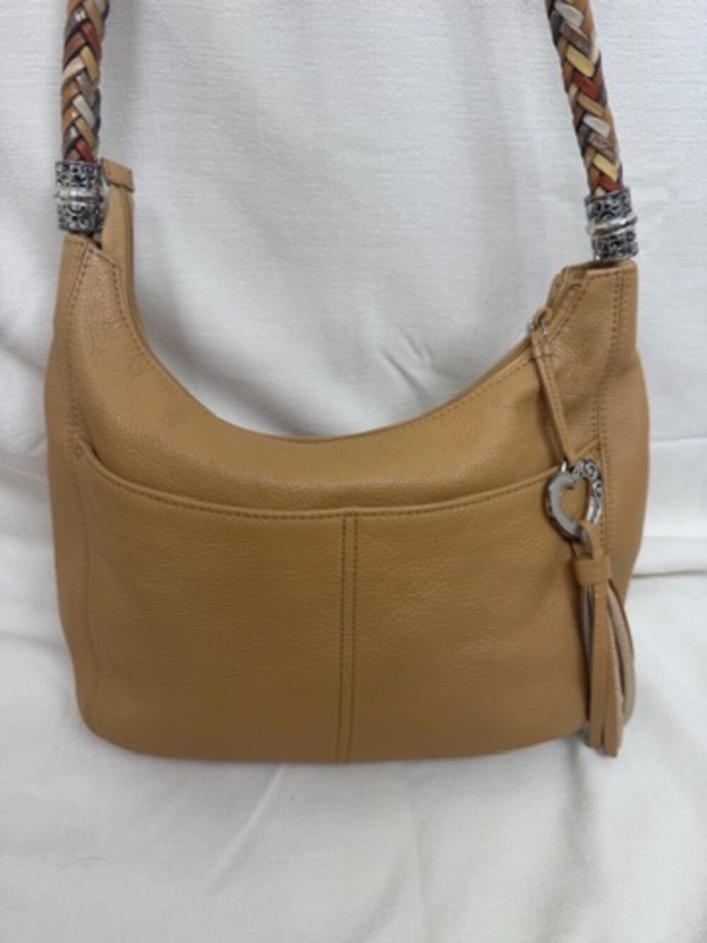 Brighton Barbados Tan Pebbled Leather Braided Shoulder Hobo Bag Tassel F145037